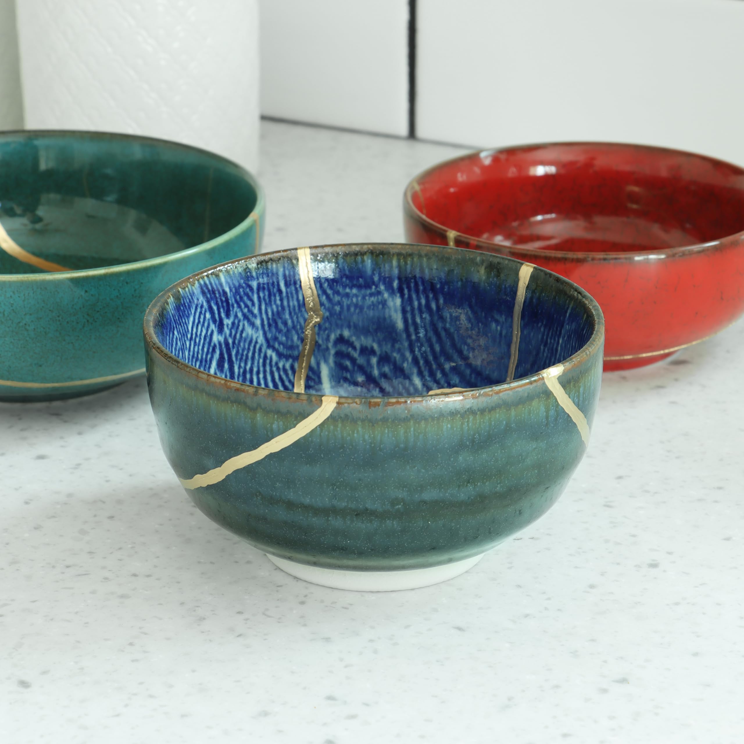 Amazon.com: Blue Wave Kintsugi Bowl, Gold Repair Ceramic Pottery